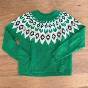 Sundry Green Nordic Yoke Crewneck Sweater with Pink Accents